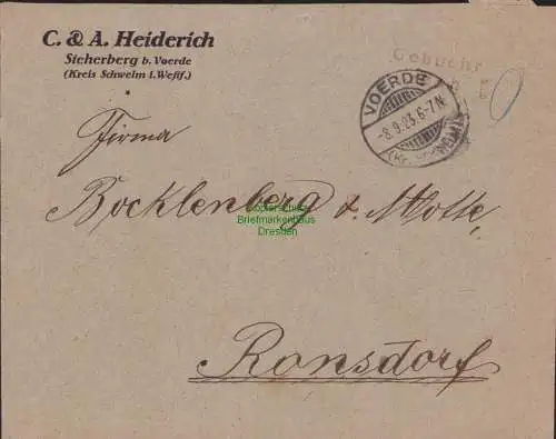 B15239 DR Brief Voerde Kr. Schwelm Gebühr bezahlt 1923 nach Ronsdorf