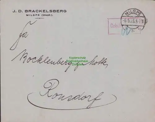 B15238 DR Brief Milspe Westf. Gebühr bezahlt 1923 nach Ronsdorf