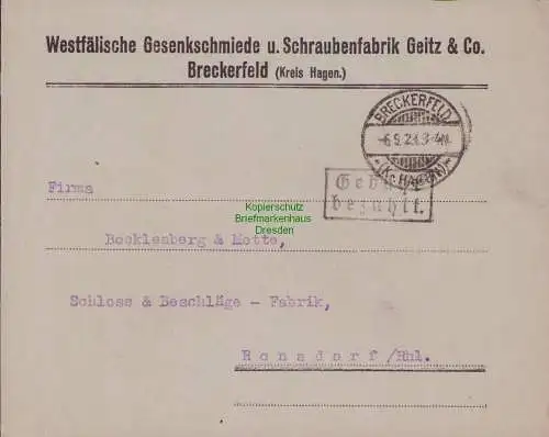 B15237 DR Brief Breckerfeld Kreis Hagen Gebühr bezahlt 1923 nach Ronsdorf