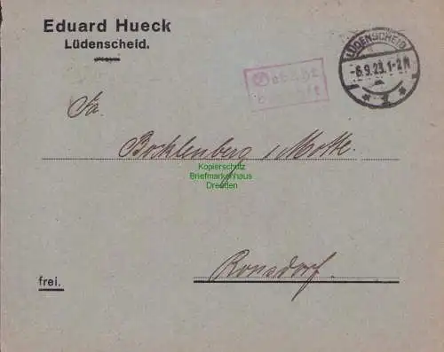B15236 DR Brief Lüdenscheid Gebühr bezahlt 1923 nach Ronsdorf