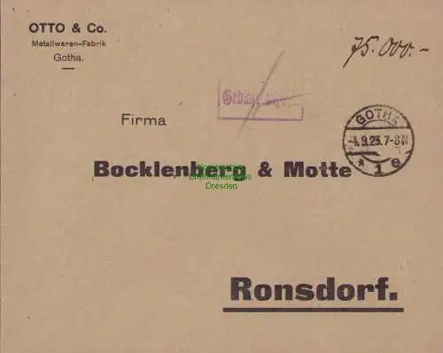 B15235 DR Brief Gotha Metallwaren Fabrik Gebühr bezahlt 1923 nach Ronsdorf