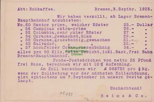 B15233 DR Postkarte Gebühr bezahlt 1923 Heims & Co Bremen Kaffee Tee Kakao