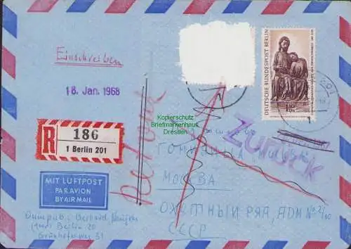 B15229 Brief Westberlin 1967 Postkrieg Vertriebenenmarke weiß übermalt in die SU