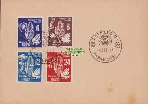 B15219 Postkarte DDR 276-279 Frieden 1951 Messe SST Parkhotel