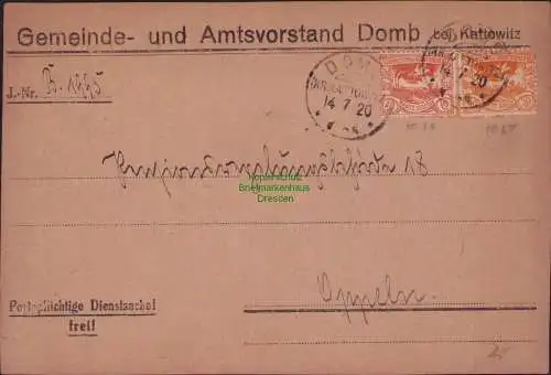 B15386 Briefvorderseite Oberschlesien 1920 Domb bei Kattowitz nach Oppeln