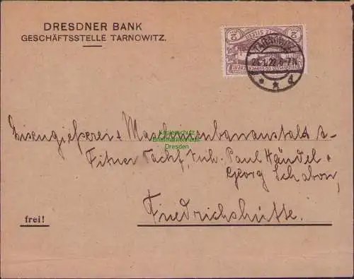 B15381 Brief Oberschlesien 1922 Tarnowitz Dresdner Bank an Händel & Schabon