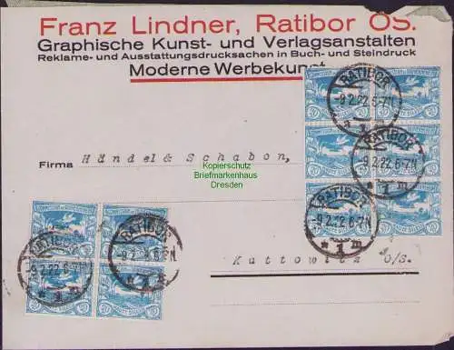 B15379 Brief Oberschlesien 1922 10x 18 MeF Franz Lindner nach Kattowitz