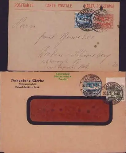 B15378 Brief Postkarte Oberschlesien 1922 Kattowitz Hohenlohe Werke 1921