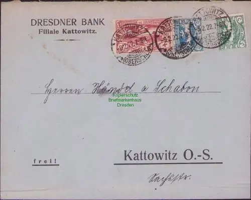 B15377 Brief Oberschlesien 1922 Kattowitz Dresdner Bank an Händel & Schabon
