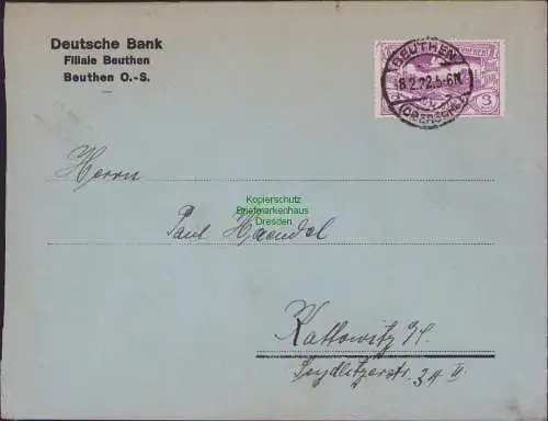 B15376 Brief Oberschlesien 1922 Beuthen Deutsche Bank an Händel & Schabon