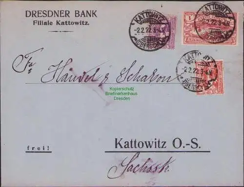 B15375 Brief Oberschlesien 1922 Kattowitz Dresdner Bank an Händel & Schabon