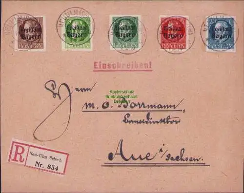 B15371 Bayern 1920 152 - 154 B 156 157 B Brief Einschreiben Neu Ulm nach Aue
