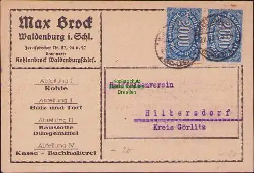 B15359 Postkarte DR Deutsches Reich 1923 2x 253 Max Brock Waldenburg Schlesien