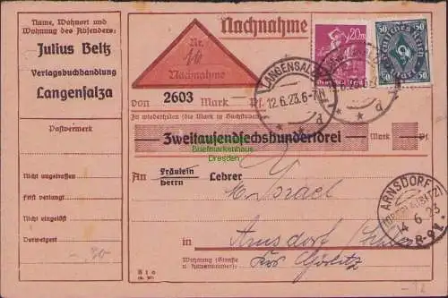 B15357 DR Deutsches Reich 1923 Nachnahme Postanweisung Langensalza nach Arnsdorf