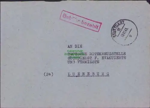 B15351 Gebühr bezahlt Stuttgart 1945 an Rotes Kreuz Suchdienst Lüneburg