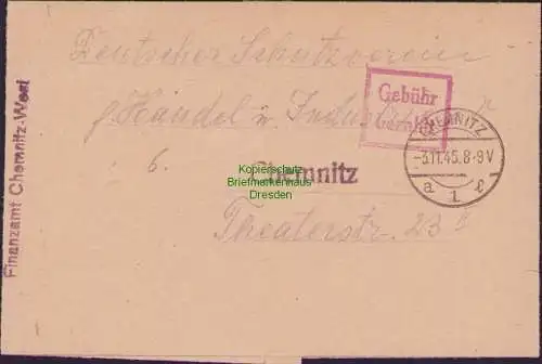B15349 Faltbrief SBZ Gebühr bezahlt Chemnitz 1945 Finanzamt an Schutzverein