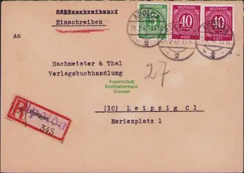 B15347 Brief Alliierte Besetzung 1947 Not-R-Zettel Apolda auf Feldpost Leipzig