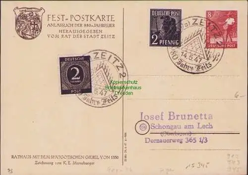 B15345 Ansichtskarte Festpostkarte 980 Jahrfeier Zeitz 1947 Künstlerkarte Rathaus