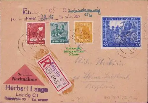 B15342 Brief Alliierte Besetzung Einschreiben Nachnahme Leipzig 1948