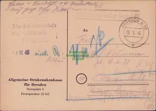B15340 Postkarte Gebühr bezahlt Dresden A 18 Ortskrankenkasse Ortskarte