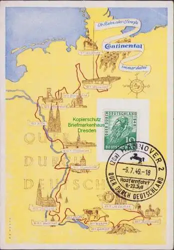 B15321 BAZ 106 Radrennen Quer durch Deutschland auf Gedenkkarte Hannover 1949