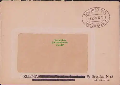 B15316 SBZ Gebühr bezahlt Brief Dresden N 15 9.7.48 1948 Währungsreforn