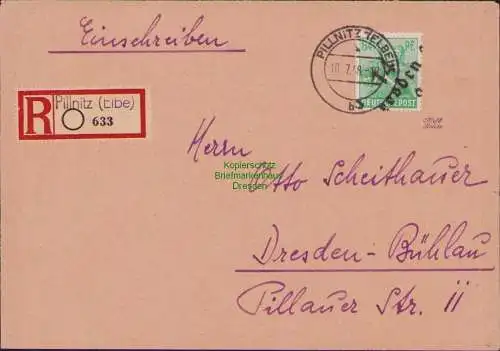 B15314 SBZ Handstempel Bezirk 14 Dresden Brief Einschreiben 84 Pfg. Pillnitz na