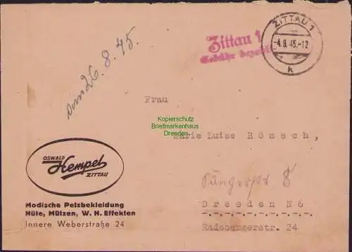 B15310 Brief Gebühr bezahlt Zittau 1 1945 nach Dresden