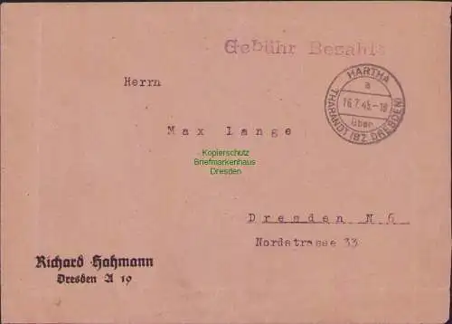 B15308 Brief Hartha über Tharandt 1945 Gebühr Bezahlt nach Dresden