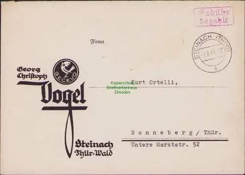 B15305 Brief Steinach Thür. 1945 gebühr bezahlt nach Sonneberg