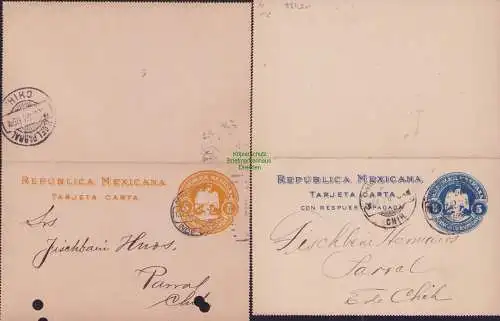 B15197 2x Mexiko Ganzsache 5 Centavo blau bzw gelb 1911 nach Parral Chile