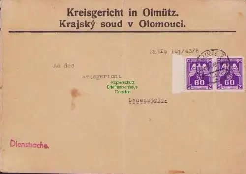 B15184 Böhmen & Mähren Dienstpost Brief Kreisgericht Olmütz nach Lauenstein 1943