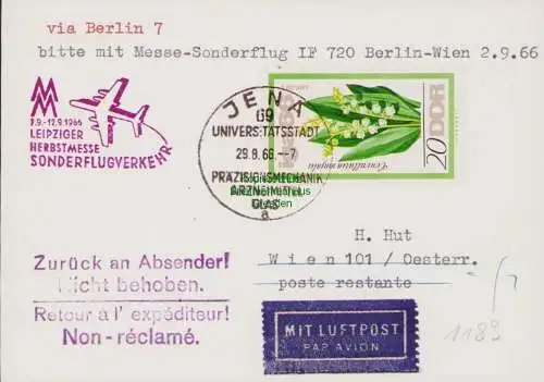 B15137 DDR Postkarte 1966 Jena Glas Leipziger Messe Sonderflugverkehr Berlin Wie