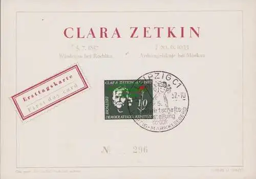 B15127 DDR 592 nummeriertes Gedenkblatt Karte Clara Zetkin 1957 SST