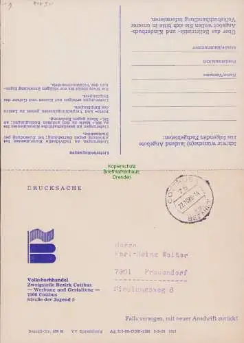 B15117 DDR Postkarte Volksbuchhandel Cottbus bezahlt 22.10.1986 Drucksache