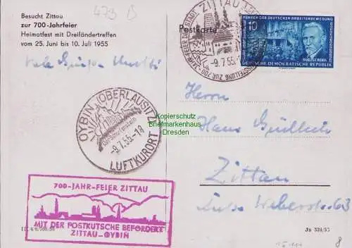 B15111 DDR 473 1955 auf Karte 700 Jahrfeier Zittau Postkutsche Oybin