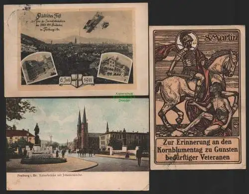 151530 3 AK Freiburg im Breisgau 1911 Festpostkarte Kornblumentag Fest Flugzeug
