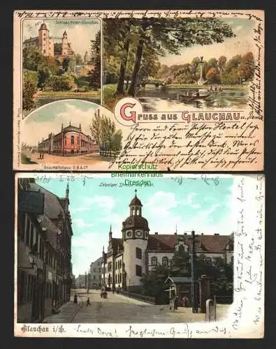 142523 2 Ansichtskarte Glauchau 1899 Schloss Hinterglauchau Geschäftshaus G. B. & Co.