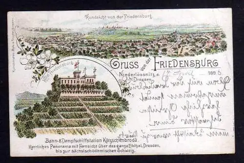 106642 Ansichtskarte Niederlössnitz b. Dresden 1896 Litho Hotel Friedensburg Kötzschenbroda