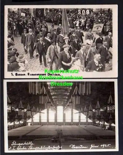 114400 2 Ansichtskarte Dresden 1925 Sänger Bundesfest Fotokarte festhalle Innenansicht Fest