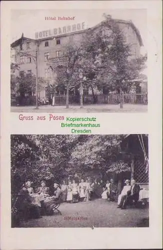 159085 Ansichtskarte Posen Poznan 1909 Hotel Bahnhof Hotelgarten