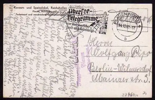 37464 AK Plauen Bahnhofstr. Reichshallen 1940 Gasthaus Feldpost