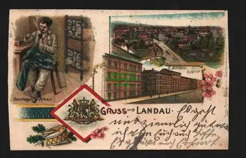 134397 AK Landau in der Pfalz Litho 1914 5. Artillerie Kaserne Sonntags-Arbeit