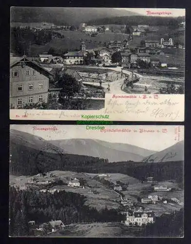 131244 2 Ansichtskarte Riesengebirge Spindelmühle Brücke Häuser 1904 1908
