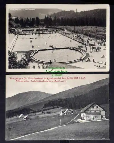 131245 2 Ansichtskarte Riesengebirge Schwimmbad Fotokarte 1930 Spindelmühle Schüsselbaude