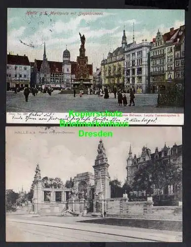 119133 2 AK Halle a. S. Kaiser Wilhelm Denkmal 1907 Markt Siegesbrunnen 1906