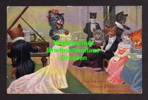 119119 AK Künstlerkarte Arthur Thiele Katzen vermenschlicht Katze als Opernsänge