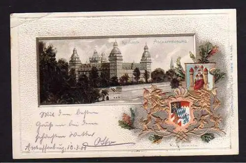 114010 Ansichtskarte Aschaffenburg Kgl. Schloss 1900 Wappen Prägekarte