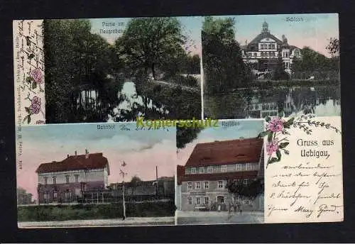 113916 Ansichtskarte Uebigau 1905 Bahnhof Rathaus m. Gasthaus Ratskeller Schloss