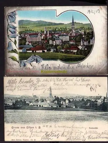 113938 2 Ansichtskarte Löbau Sachsen 1902 Panorama 1906 Totalansicht  mit Kirche Bahnpost